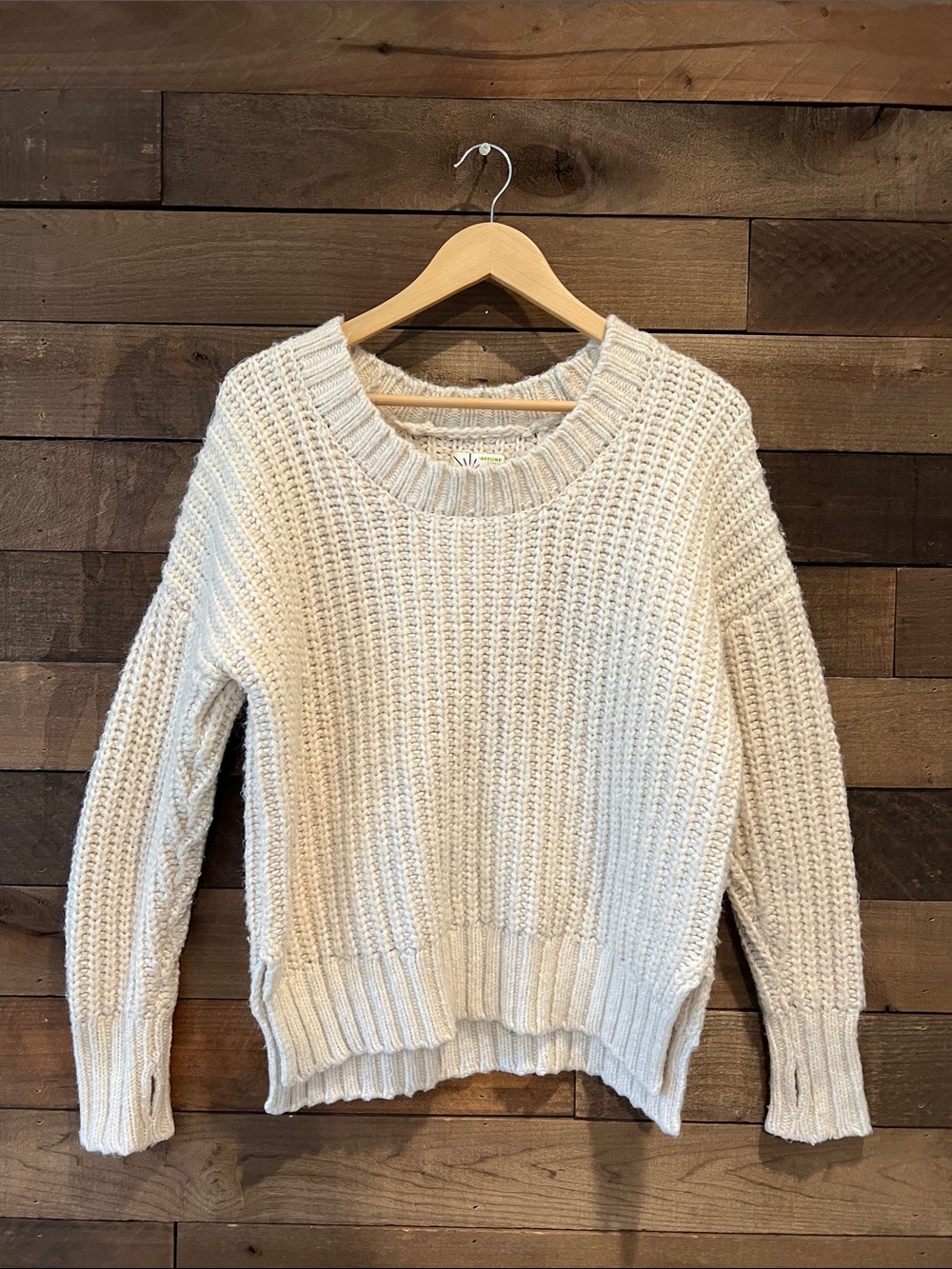Aerie Women's Scoop Neck Knit Braid Crochet Sweater in Cream Size XS